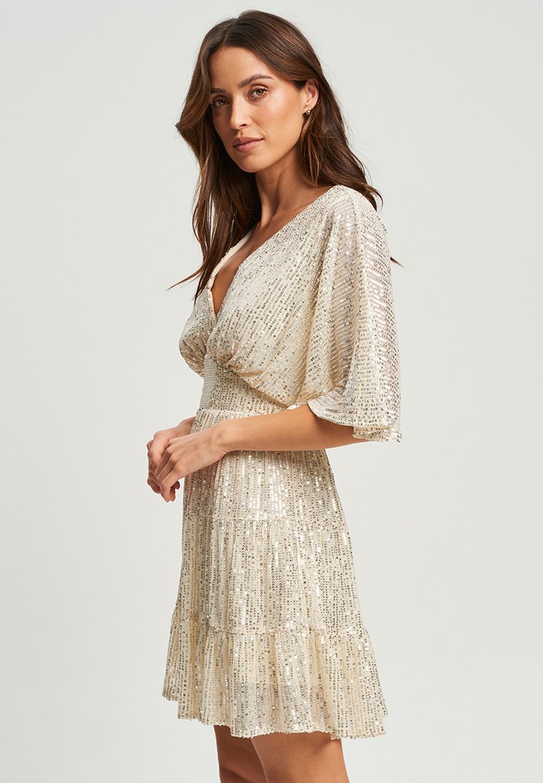 sachin and babi light blue dress One Shoulder Cut Out Waist Mini Bodycon Dress In Champagne Sequin | EGO UK