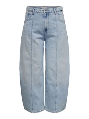 Light blue high-waist wide-leg jeans with front seam detailing, belt loops, and a button and zipper closure.