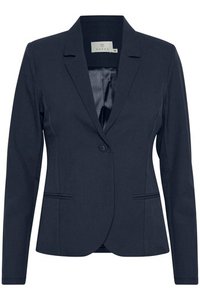 Navy blue blazer made of smooth fabric, featuring a single button closure, notched lapels, and two front pockets with a tailored fit.