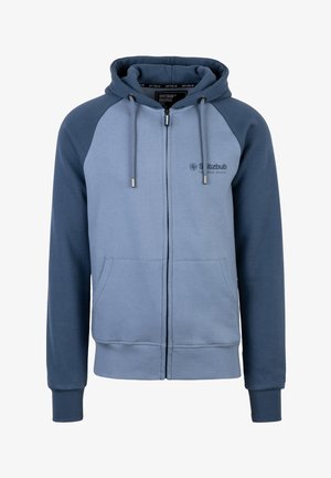 Blaue Zip-Hoodie mit einem hellblauen Körper und dunkelblauben Raglanärmeln. Verfügt über Kordeln, frontale Taschen und ein Logo auf der Brust.