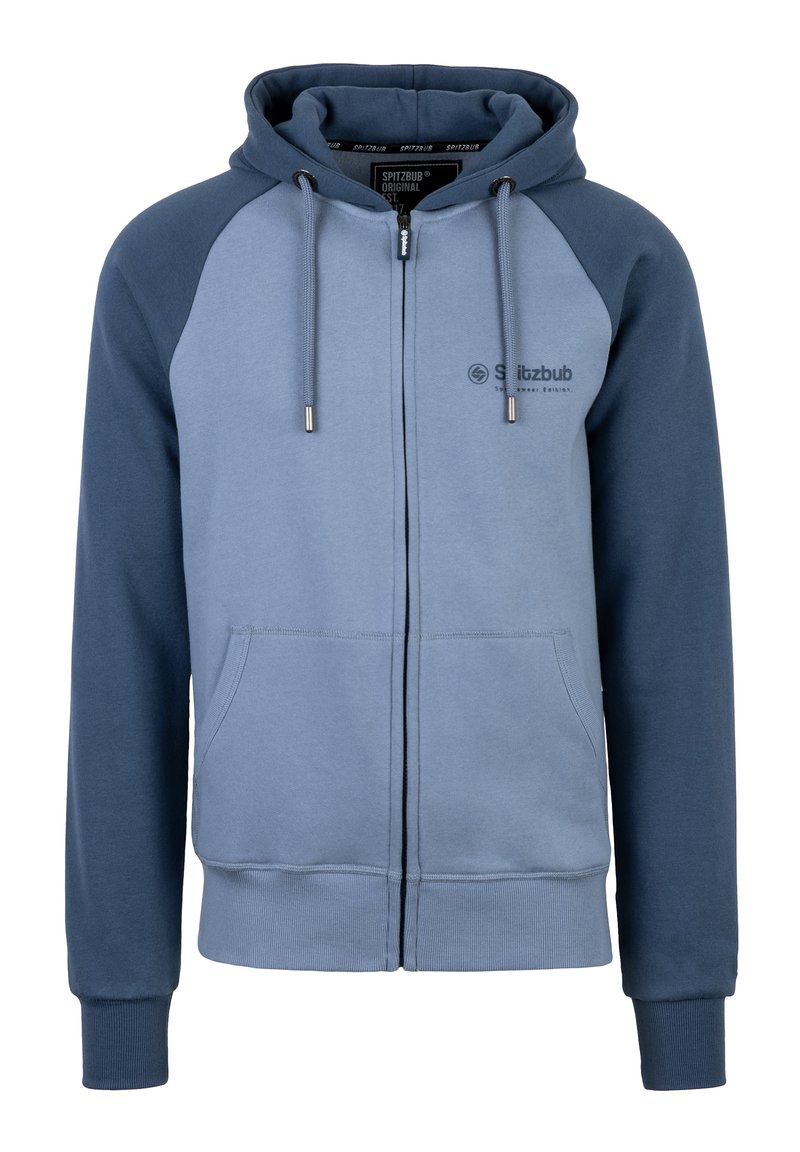 Felpa con zip blu, con corpo azzurro e maniche raglan blu scuro. Presenta cordini, tasche frontali e logo sul petto.