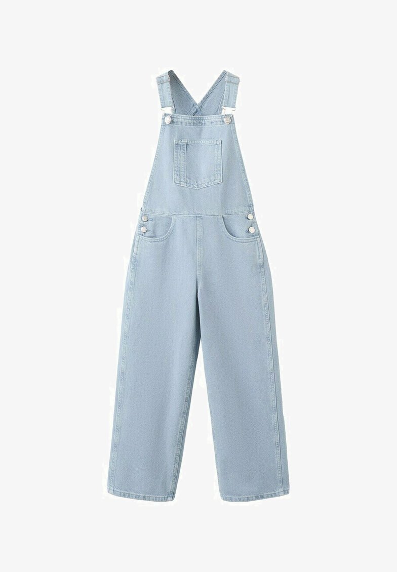 Lyseblå denim-overalls med justerbare skulderremme, brystlomme foran, sideknapper og vidde ben.