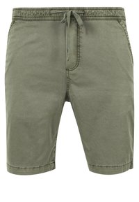 Shorts vert olive en tissu doux, avec une taille élastique dotée d'un cordon de serrage, des poches avant et une coupe droite.