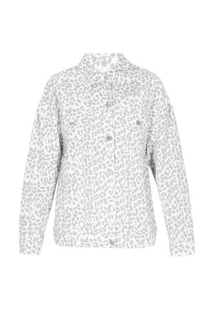 Gray and white leopard print jacket, featuring a collar, two front pockets, and button closure down the center. Relaxed fit, lightweight fabric.