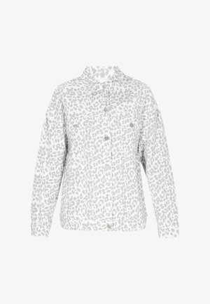 Gray and white leopard print jacket, featuring a collar, two front pockets, and button closure down the center. Relaxed fit, lightweight fabric.