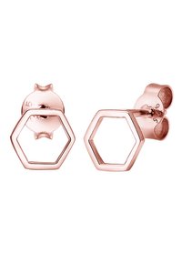 Ohrringe aus roségold im hexagonalen Design mit minimalistischem Stil, ausgestattet mit einem hohlen Zentrum und traditioneller Stecknadelrückseite. Polierte, glatte Metalloberfläche.