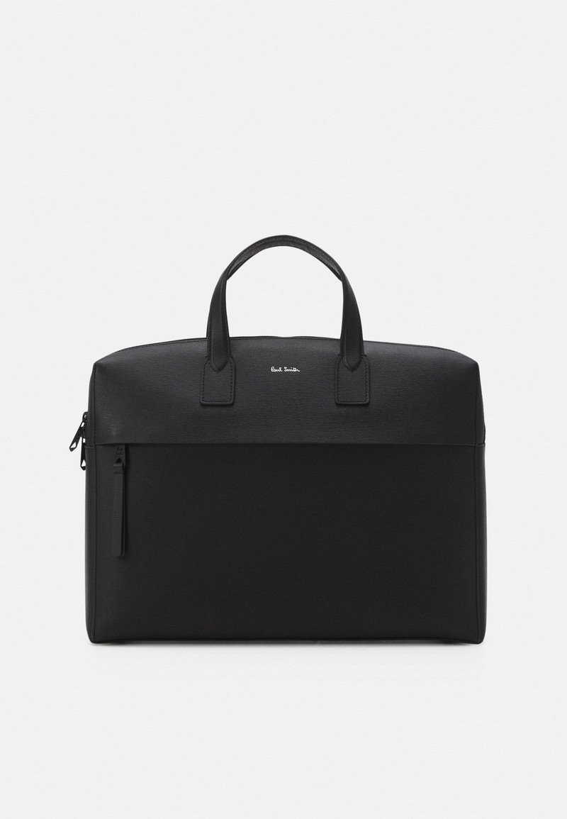 Black leather bag with structured design, dual top handles, front zip pocket, and subtle brand logo. Smooth texture, rectangular shape.