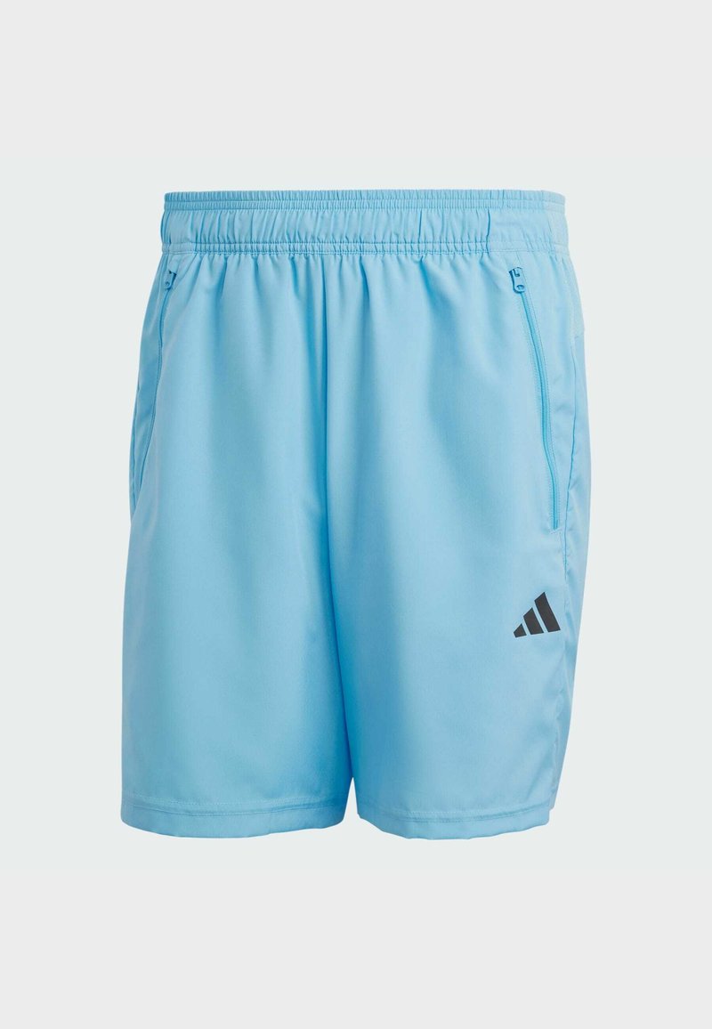 Helle blaue Sportshorts aus glattem, atmungsaktivem Material. Mit einem elastischen Bund, Seitentaschen und einem schwarzen Logo-Accent.