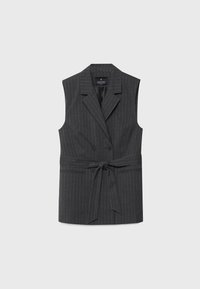 Gilet grigio senza maniche con motivo a righe, colletto a risvolto, chiusura frontale a doppio bottone e cintura legata in vita. Caratterizzato da un design slim e su misura.