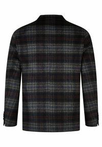 Wollen jack met een donker ruitpatroon in grijs, marineblauw en bordeaux, met een gekartelde kraag en knoopmanchetten.