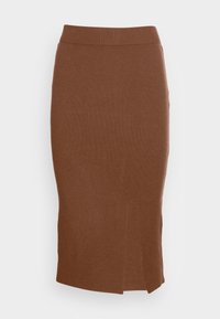 Hnědá proužkovaná pletená midi sukně s upnutým střihem, s bočním rozparkem pro snadný pohyb a širokým páskem.