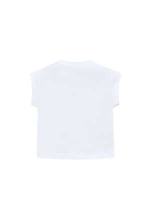 Maglietta bianca semplice a maniche corte per neonati o bambini piccoli, design semplice, orlo dritto, distesa in piano mostrando il retro.