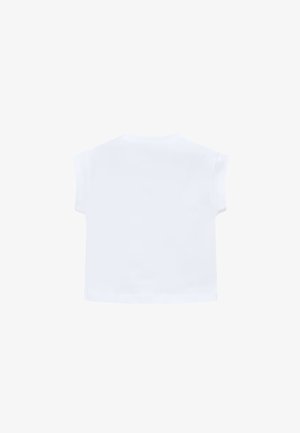 Maglietta bianca semplice a maniche corte per neonati o bambini piccoli, design semplice, orlo dritto, distesa in piano mostrando il retro.