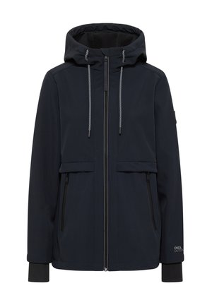 Veste marine en tissu doux et résistant à l'eau avec une capuche, fermeture éclair à l'avant, deux poches latérales et poignets élastiques. Dotée de cordons de serrage décoratifs.