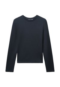 Czarny longsleeve w miękkim, elastycznym materiale. Ma okrągły dekolt i skrócony, prosty dół. Prosty design bez wzorów.