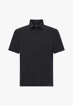 Polo noir à manches courtes, avec un col évasé, une patte de boutonnage à trois boutons et un petit logo en bas à gauche. Texture lisse.
