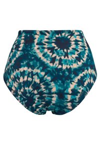 Plavky s vysokým pasem v modro-zeleném batikovaném vzoru, vyrobené z měkké látky s hladkými, zaoblenými okraji.