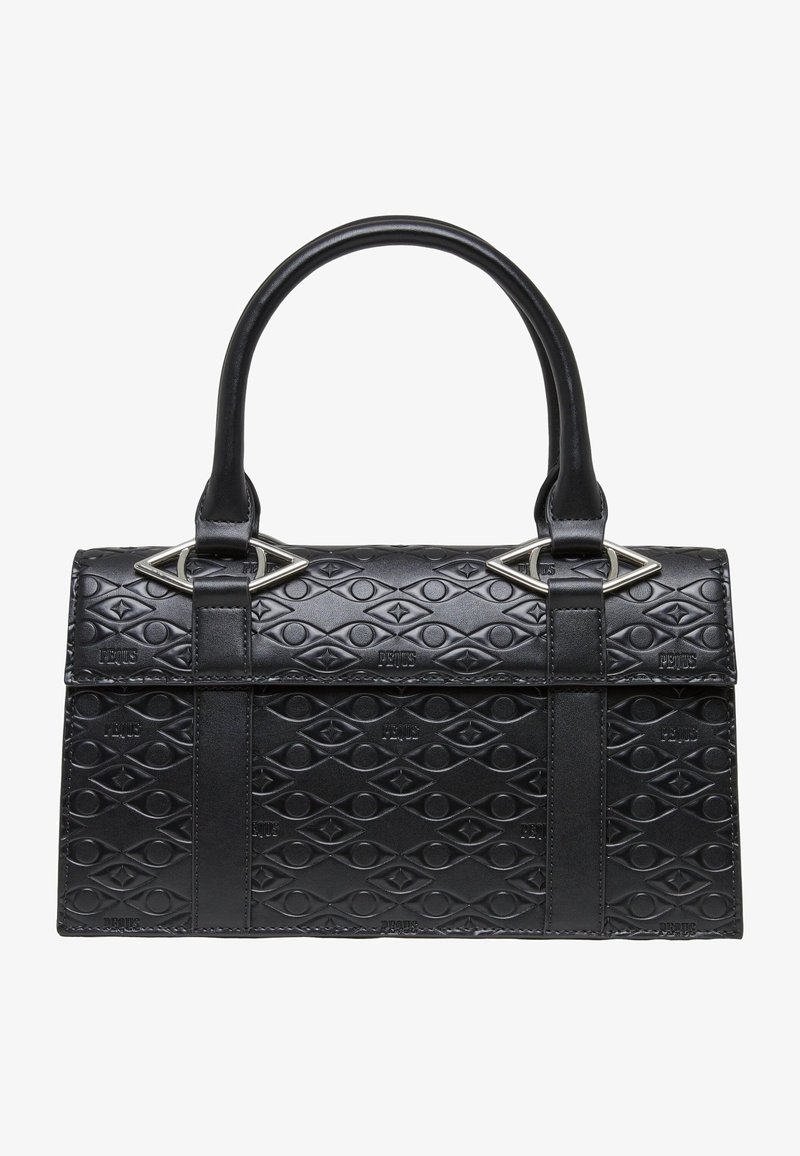 Sac à main rectangulaire noir avec motif géométrique embossé, deux poignées arrondies et des accents métalliques argentés en forme de diamant à la base des poignées.