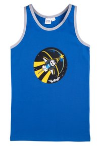 Top in cotone blu senza maniche con rifiniture grigie. La grafica al centro presenta un razzo nello spazio, raggi gialli e uno sfondo circolare nero.