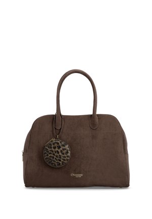 Brown suede handbag with dual handles and a leopard print round coin pouch attached to the front, set against a white background.