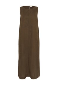 Robe brune sans manches au style décontracté, confectionnée dans un tissu léger. Elle présente un col rond, des poches latérales et une fermeture éclair au dos.