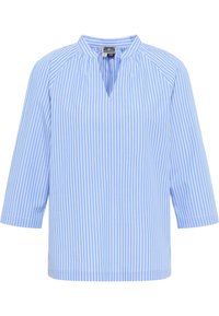 Blå- och vitrandig blus med mandarinkrage, trekvartsärmar och halvmanschett framtill. Tillverkad av lätt bomullstyg.