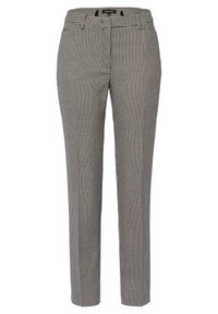 Pantalons ajustés noir et blanc à carreaux avec coupe droite, passants de ceinture et texture lisse. Présente une fermeture éclair et des poches.