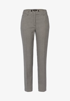 Czarnobiałe spodni w kratę, skrojone na miarę, o prostym kroju, z szlufkami na pasek i gładką fakturą. Posiadają zamek błyskawiczny i detale w postaci kieszeni.