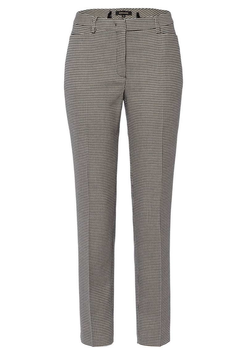 Pantalons ajustés noir et blanc à carreaux avec coupe droite, passants de ceinture et texture lisse. Présente une fermeture éclair et des poches.