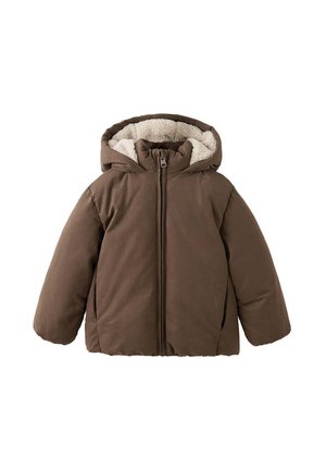 Chaqueta de invierno acolchada marrón con capucha forrada de forro polar blanco y cierre frontal con cremallera.