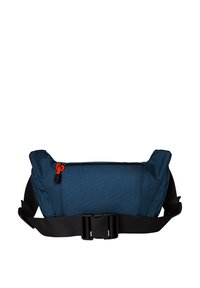 Blaues Stoff-Taillentasche mit strukturierter Oberfläche, einem orangefarbenen Reißverschlussanhänger und einem schwarzen verstellbaren Riemen mit einer Kunststoffschnalle.