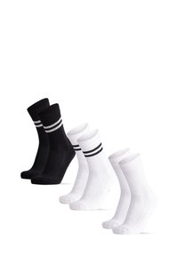 Juego de calcetines de mezcla de algodón, que incluye dos pares negros con rayas blancas y dos pares blancos con rayas negras, textura acanalada, longitud a media pantorrilla.