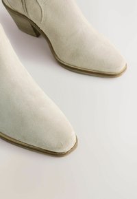 Botines de ante en beige claro, con punta afilada, tacón apilado y sutiles detalles de costura a lo largo de los laterales.