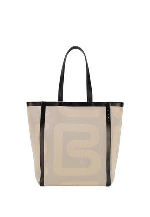 Borsa a tracolla beige con manici e finiture nere, con un grande motivo geometrico astratto sulla superficie del tessuto.