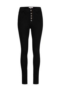 Jeans negros ajustados de mezclilla con una cintura alta, que presentan cinco botones plateados en la parte delantera y dos bolsillos laterales.