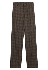 Pantalons évasés avec un motif à carreaux brun et noir, dotés d'une taille haute et d'une texture de tissu lisse. Deux poches avant incluses.
