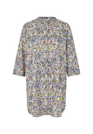 Bluse mit Blumenmuster und Dreiviertelärmeln, aus leichtem Stoff in Blau-, Braun- und Grüntönen, mit einem lockeren Schnitt und V-Ausschnitt.