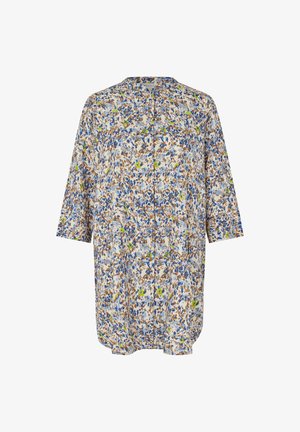 Bluse mit Blumenmuster und Dreiviertelärmeln, aus leichtem Stoff in Blau-, Braun- und Grüntönen, mit einem lockeren Schnitt und V-Ausschnitt.