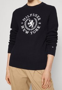 Pull en maille côtelée bleu marine avec un logo circulaire blanc représentant un lion et le texte "HILFIGER NEW YORK 1985", col rond et manches longues.