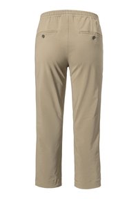 Beige Cropped-Hosen mit weicher Textur, elastischem Bund und zwei Gesäßtaschen mit Knopfverschlüssen.