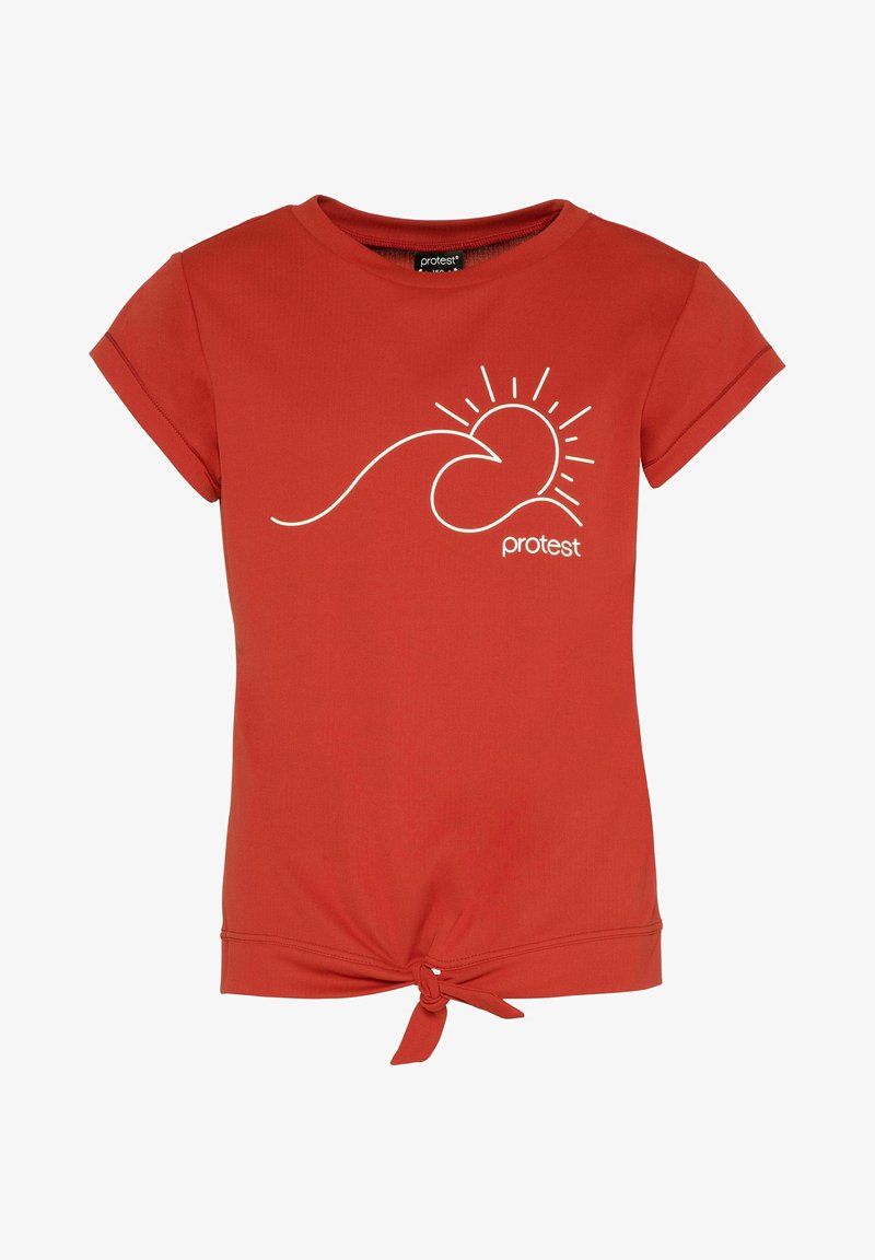 T-shirt à manches courtes couleur rouille avec un nœud à l'avant et un dessin en ligne blanche représentant une vague et un soleil au-dessus du mot protestation.