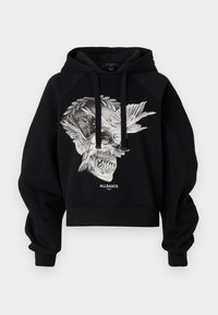 Μαύρο cropped φούτερ από βαμβάκι, με γραφικό σχέδιο κρανίου και φτερών μπροστά, με κορδόνια και ραγκλάν μανίκια.