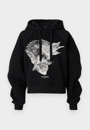 Černá zkrácená mikina s kapucí vyrobená z bavlny, s grafickým motivem lebky a křídel na přední straně, s šňůrkami a raglánovými rukávy.