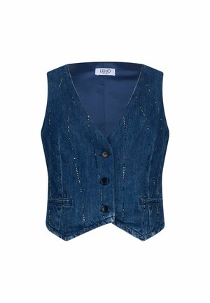 Dark blue denim vest with three buttons, subtle vertical silver studs, two front welt pockets, and a V-neck collar, labeled Liu Jo Milano.