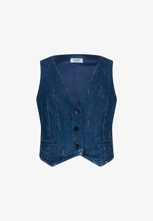 Dark blue denim vest with three buttons, subtle vertical silver studs, two front welt pockets, and a V-neck collar, labeled Liu Jo Milano.