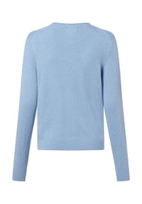 Lichtblauwe, gebreide trui met lange mouwen en een ronde hals. De stof heeft een gladde textuur met geribbelde accenten bij de manchetten en zoom.