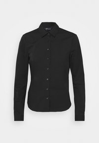 Zwart shirt met lange mouwen van gladde stof, met een knoopsluiting aan de voorkant, een puntige kraag en een ronde zoom. De knopen zijn in bijpassend zwart.