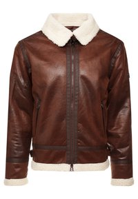 Bruine leren jas met een crèmekleurige schapenvachtkraag en manchetten, voorzien van een ritssluiting aan de voorkant, zijzakken en contrasterende bruine afwerkingsdetails.