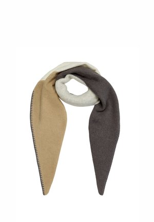Tri-color wool scarf in beige, cream, and dark gray with a looped knot, displayed on a white background.