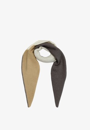 Tri-color wool scarf in beige, cream, and dark gray with a looped knot, displayed on a white background.